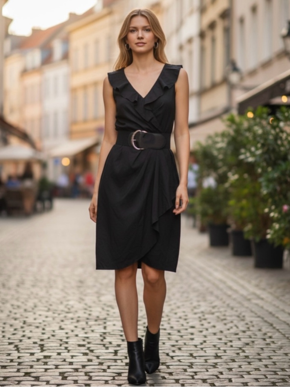 WHBM White House Black Market Women's 8 Ruffled Belted Faux Wrap Draped Dress